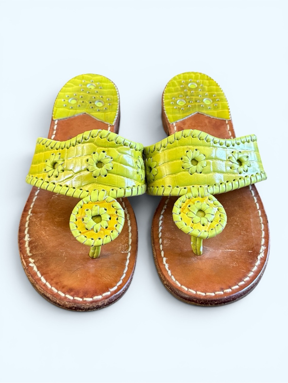 JACK ROGERS USA Lime Green Floral Cutout Leather Thong Sandals Size 6 Women